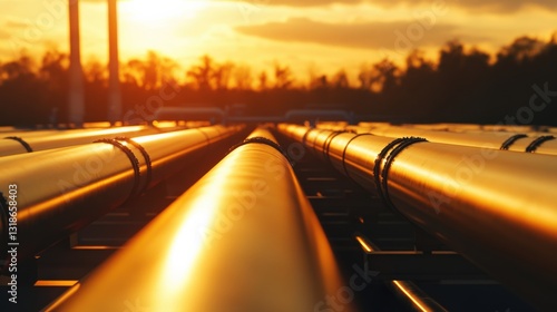 Sunset over industrial pipelines stretching into the horizon, showcasing a serene yet active landscape photo