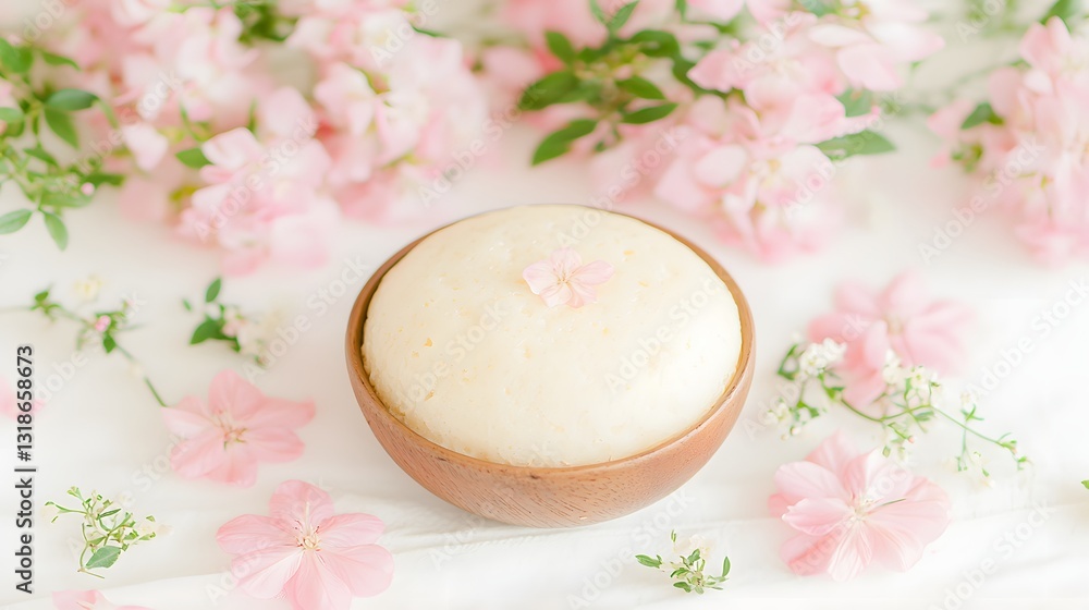 Delicate Spa Product Surrounded by Soft Pink Flowers and Natural Elements on a White Background Delicate Spa Product Surrounded by Soft Pink Flowers and Natural Elements on a White Background