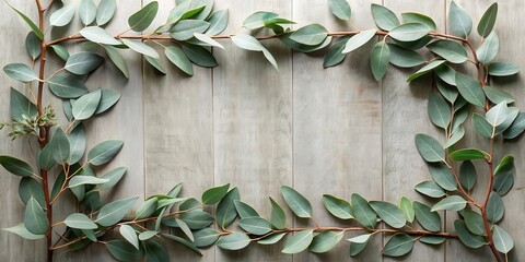 A frame of eucalyptus branches on a light wood background, perfect for a simple and natural design