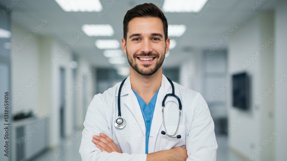 Caucasian male doctor smiling in a modern hospital environment with a stethoscope Reflects healthcare and professionalism Caucasian male doctor smiling in a modern hospital environment with a stethoscope Reflects healthcare and professionalism