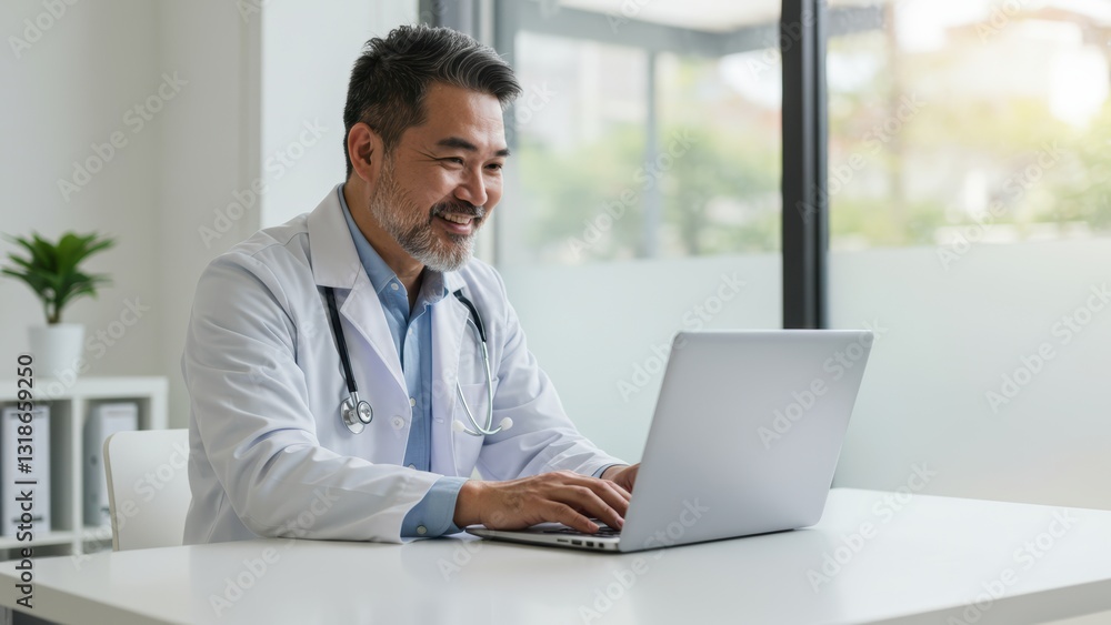 Asian male doctor working on laptop in modern office setting Focus on telemedicine and healthcare innovation Asian male doctor working on laptop in modern office setting Focus on telemedicine and healthcare innovation