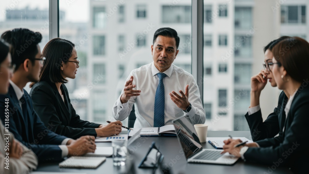 South Asian businessman leads meeting with diverse team in urban office Highlights teamwork, leadership, corporate culture