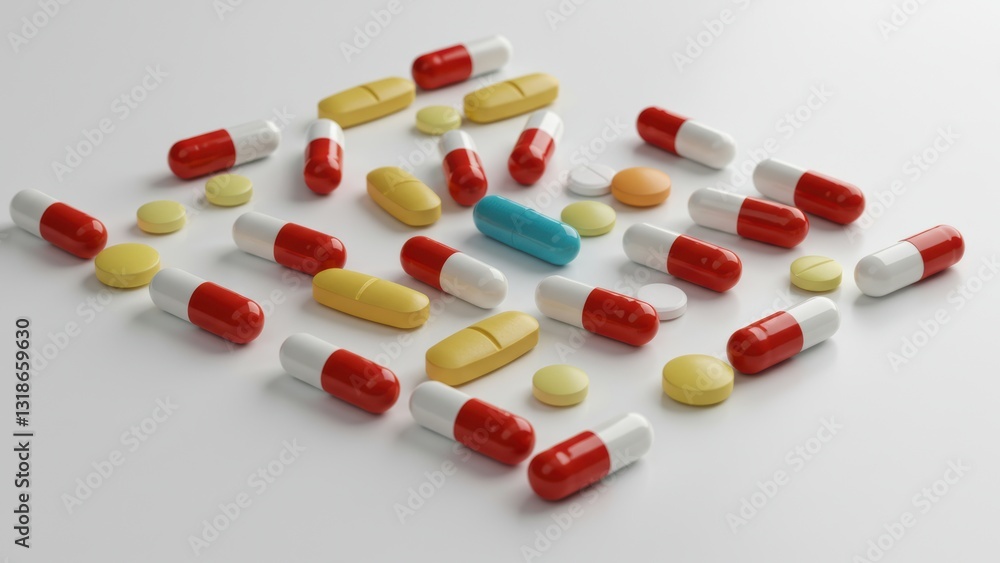 Colorful array of pills, capsules, and tablets on white surface Concepts include healthcare, wellness, and medications Colorful array of pills, capsules, and tablets on white surface Concepts include healthcare, wellness, and medications