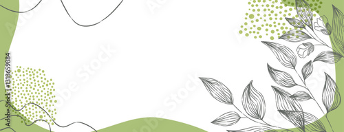Botanical floral background with hand-drawn leaves and flowers. Green and white tones create fresh, natural look. Soft, elegant design is ideal for invitations or presentations
