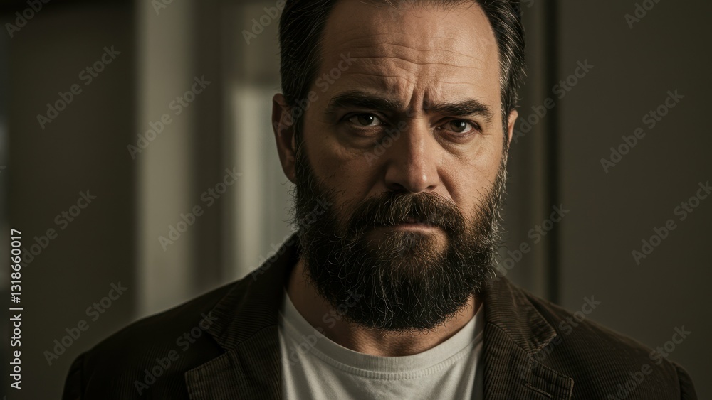 Fototapeta premium Middle aged man with a beard presents serious expression in a neutral indoor setting, conveying emotional depth and introspection