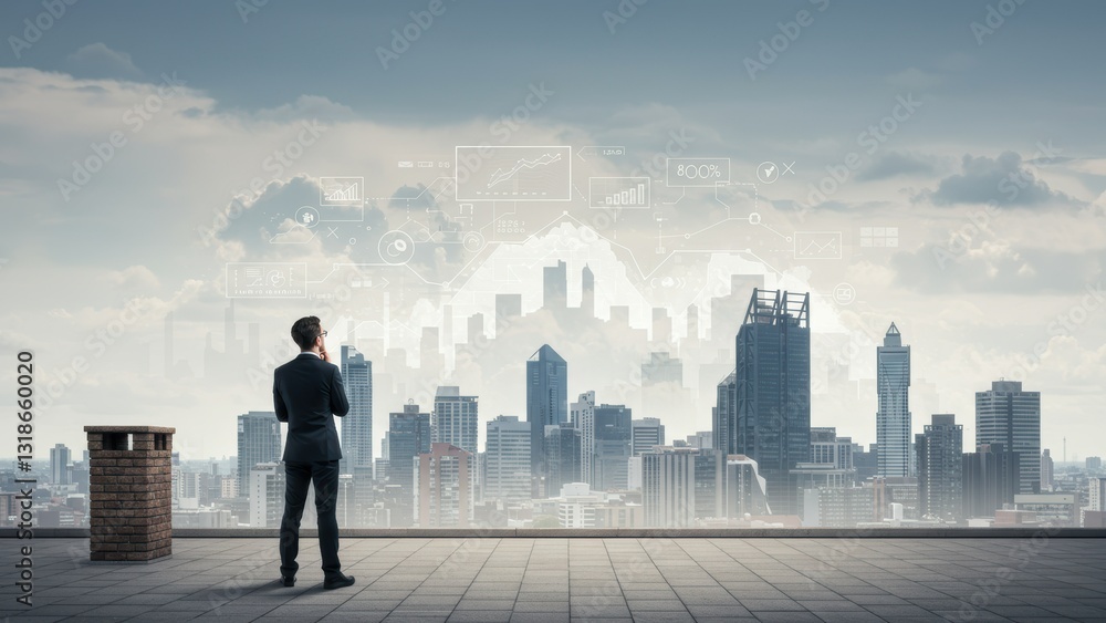 Asian man in business suit stands on rooftop, viewing modern city skyline with digital interface Concepts of finance and technology Asian man in business suit stands on rooftop, viewing modern city skyline with digital interface Concepts of finance and technology