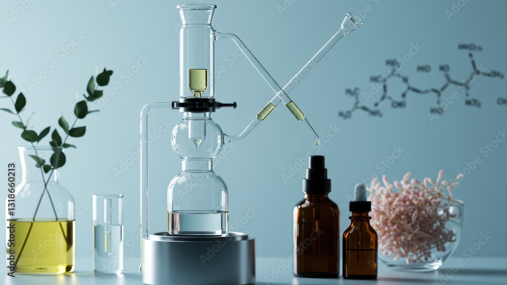 Modern laboratory with glassware, distillation apparatus, essential oils Themes of sustainability and scientific research