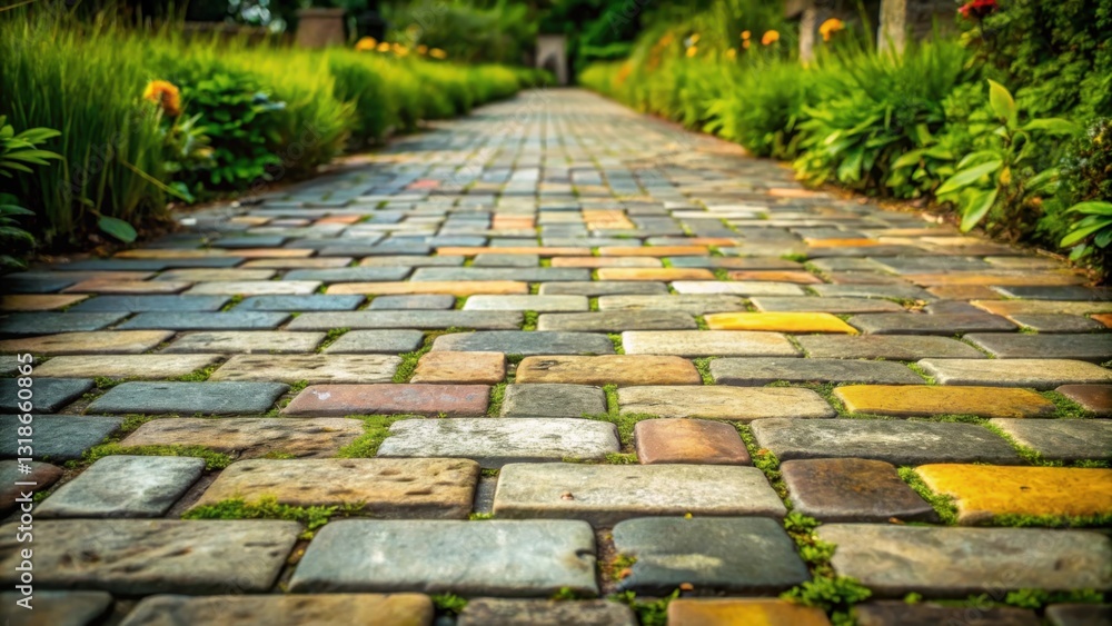 A stone path through a garden with lush greenery on either side, creating a sense of tranquility and natural beauty. A stone path through a garden with lush greenery on either side, creating a sense of tranquility and natural beauty.