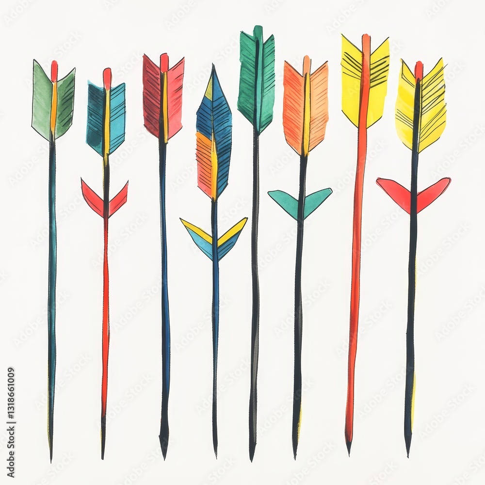 Hand drawn arrows on a white background. Set of colored arrows. Hand drawn arrows on a white background. Set of colored arrows.