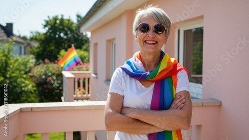 Caucasian older woman smiles on balcony, wearing rainbow scarf with pride flag in background Themes of diversity and acceptance