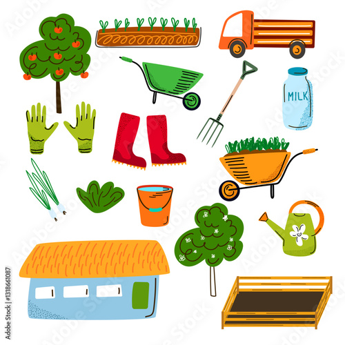 Set of farming and gardening elements and tools. Includes trees, plants, gloves, boots, watering can, house, animal pen, wheelbarrow, bucket, milk can, and truck. Perfect for rustic designs.