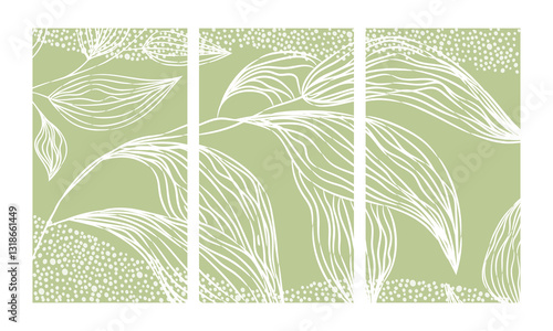 Stories background for social media. Set soft green background with abstract white line art leaves. Triptych design for wall art, prints, or modern decor