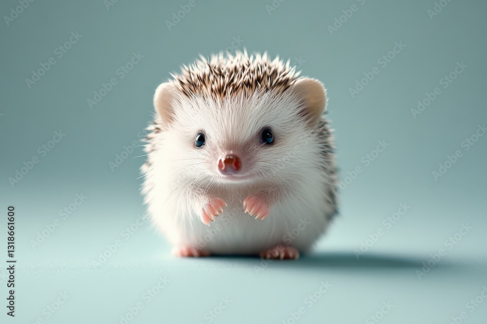 Cute hedgehog with soft fur and tiny paws poses on light blue background in a cozy studio setting Cute hedgehog with soft fur and tiny paws poses on light blue background in a cozy studio setting