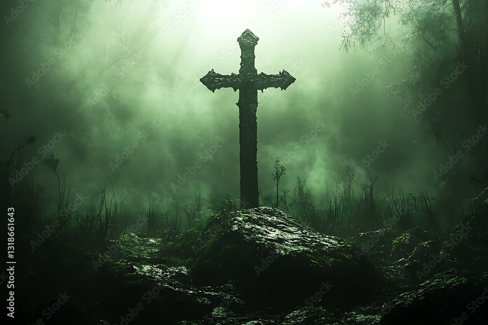 Naklejka premium A weathered stone sword stands firmly in a forest scene