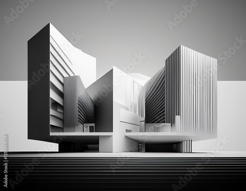 real estate render of an architectural model in clean geometry in black and white