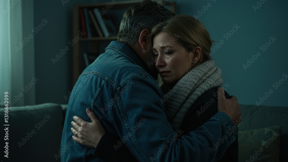 White man and woman embracing indoors with emotional expressions Focus on intimacy and support during a difficult moment White man and woman embracing indoors with emotional expressions Focus on intimacy and support during a difficult moment
