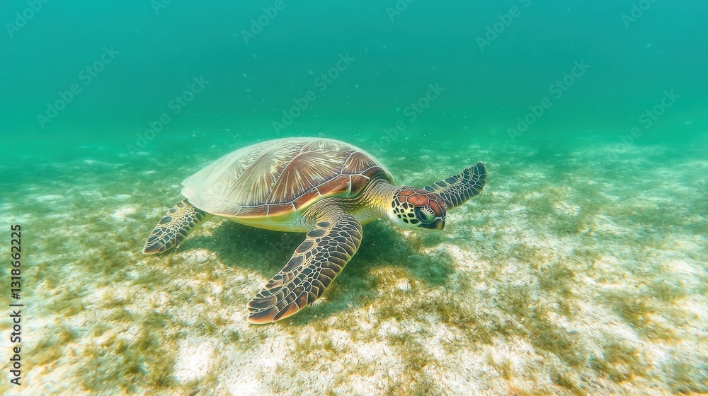 Obraz premium Underwater scene featuring a green sea turtle gliding over sandy seafloor with aquatic plants