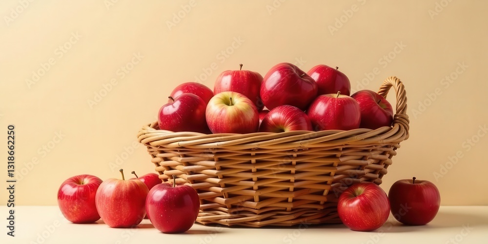 A wicker basket overflowing with a generous harvest of ripe, red apples, some additional apples sit beside the basket on a pale surface A wicker basket overflowing with a generous harvest of ripe, red apples, some additional apples sit beside the basket on a pale surface