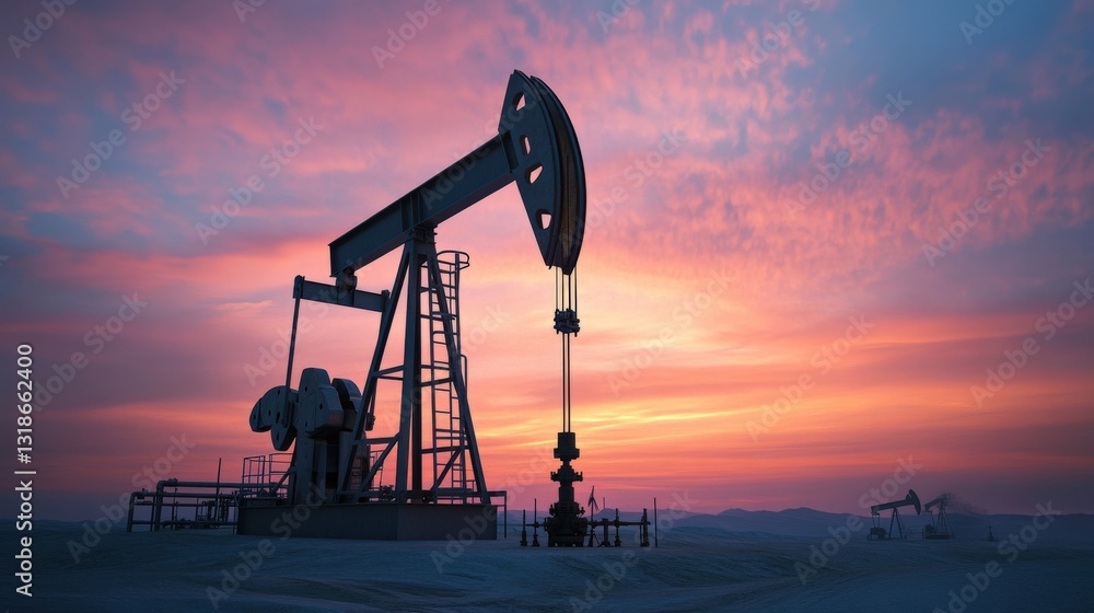 Sunset over oil pump jack in desert landscape, showcasing energy extraction against vibrant sky Sunset over oil pump jack in desert landscape, showcasing energy extraction against vibrant sky
