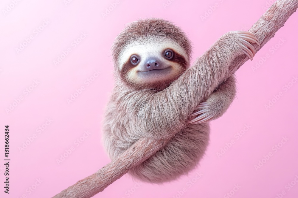 Fototapeta premium Cute sloth clinging to branch against a pastel pink background in a studio setting