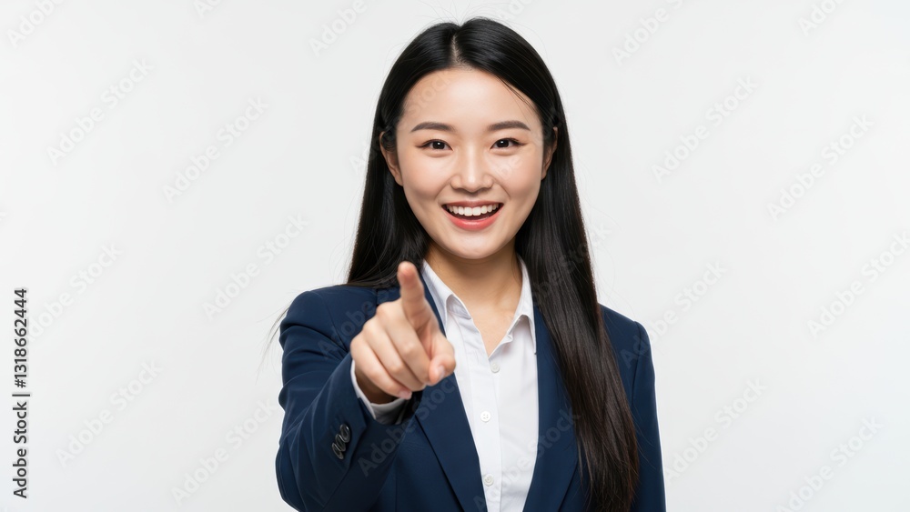 Asian woman in business suit points smiling Professional setting with white background Concepts include empowerment and teamwork Asian woman in business suit points smiling Professional setting with white background Concepts include empowerment and teamwork