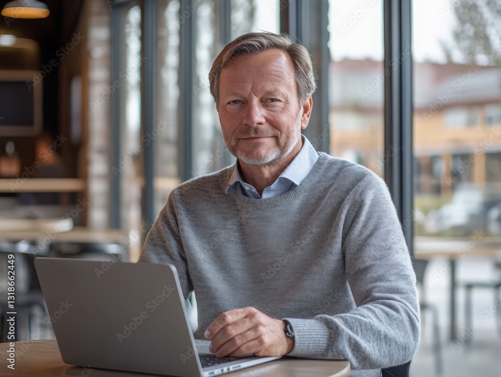 Fototapeta premium Confident Senior Man Working on Laptop in Cafe, Representing Modern Retirement and Digital Lifestyle. Perfect for retirement planning, technology, and mature adult websites.