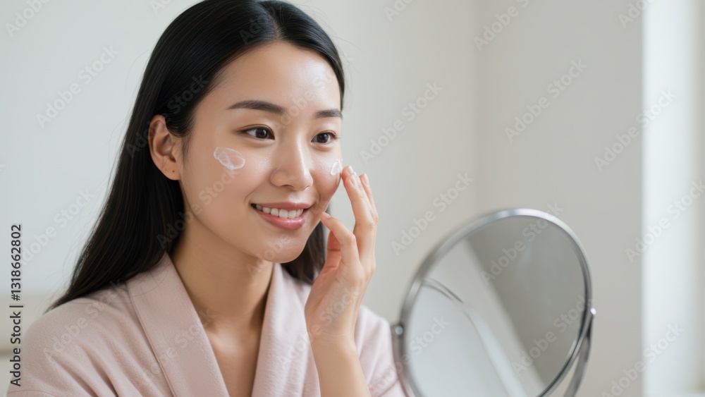 Asian woman applying cream in bathroom mirror Focus on skincare routine and self care concepts Asian woman applying cream in bathroom mirror Focus on skincare routine and self care concepts