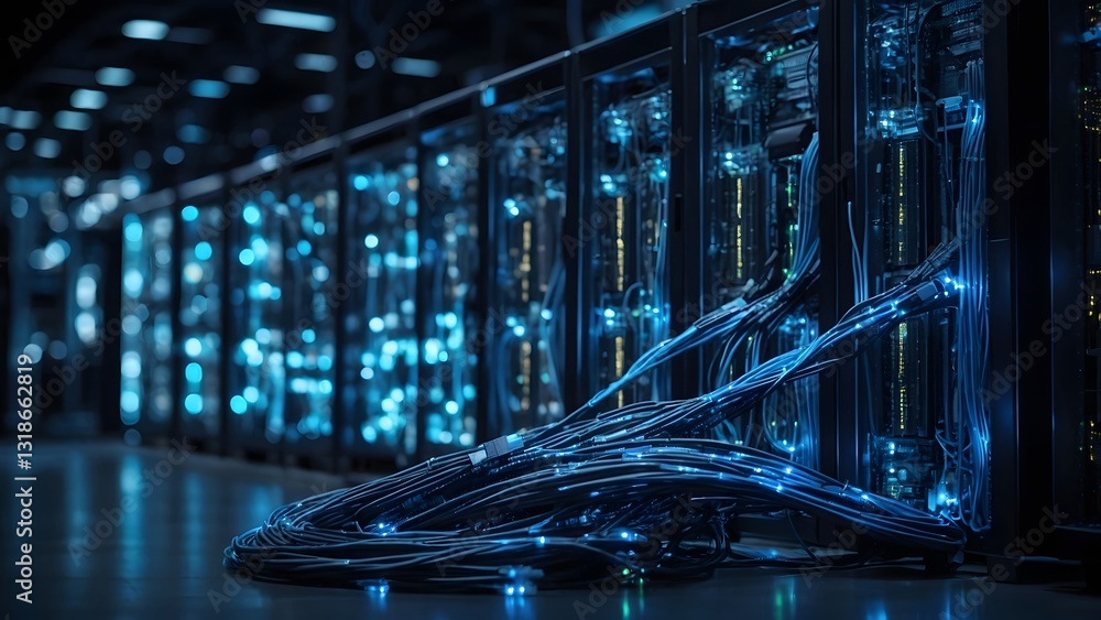 Technology Cables Are Illuminated in a Data Center Showcasing Advanced Networking Equipment Technology Cables Are Illuminated in a Data Center Showcasing Advanced Networking Equipment