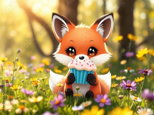 Cute Orange Fox Cub Eating Cupcake in Flower Meadow