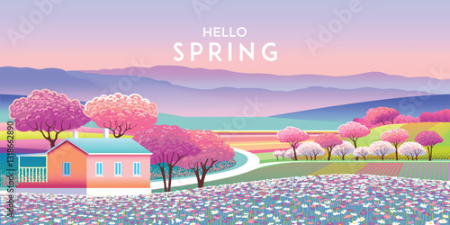 Springtime's poster. Handmade drawing vector illustration of countryside nature, cherry blossom trees, farms and houses, fields and lawns, hills. Doodle cartoon bright fantasy style.