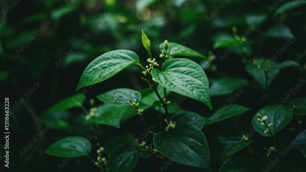 Close up of green leaves with water droplets, showcasing tropical flora against a dark backdrop Themes include sustainability and nature Close up of green leaves with water droplets, showcasing tropical flora against a dark backdrop Themes include sustainability and nature
