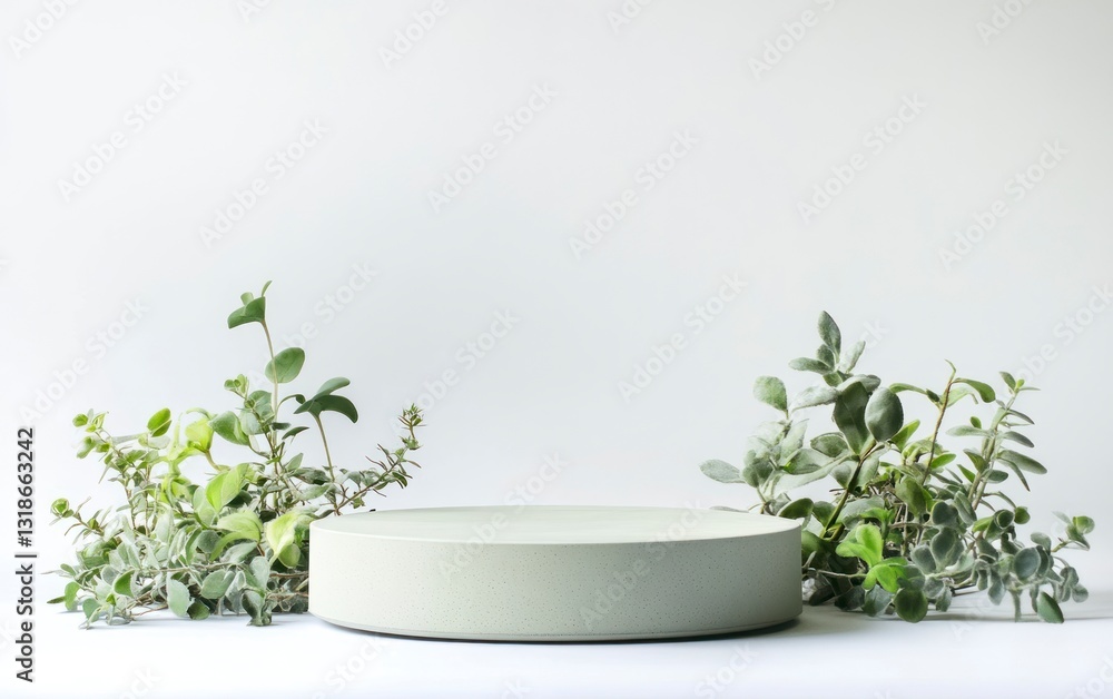 Minimalist Product Display Podium with Fresh Greenery Against a White Backdrop Minimalist Product Display Podium with Fresh Greenery Against a White Backdrop
