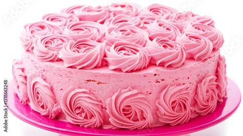 Wallpaper Mural Elegant Round Pink Cake Decorated with Rosette Frosting on a Vibrant Pink Plate Torontodigital.ca