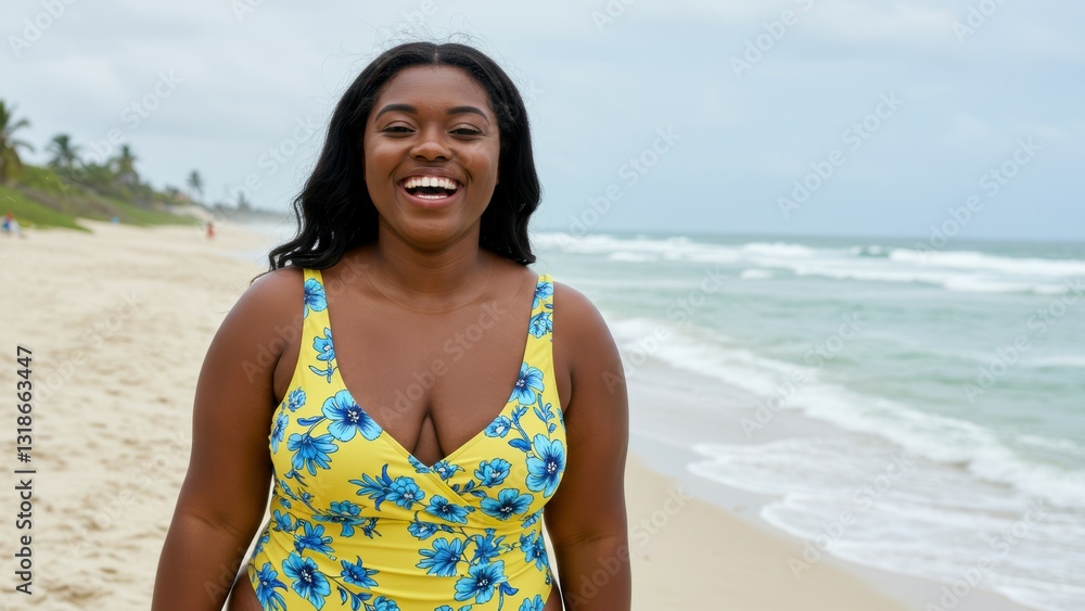 Black woman smiling on beach in blue floral bathing suit during summer Beach vacation, body positivity Black woman smiling on beach in blue floral bathing suit during summer Beach vacation, body positivity