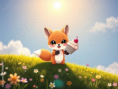 Cute Orange Fox Cub Holding Cupcake in Sunny Meadow