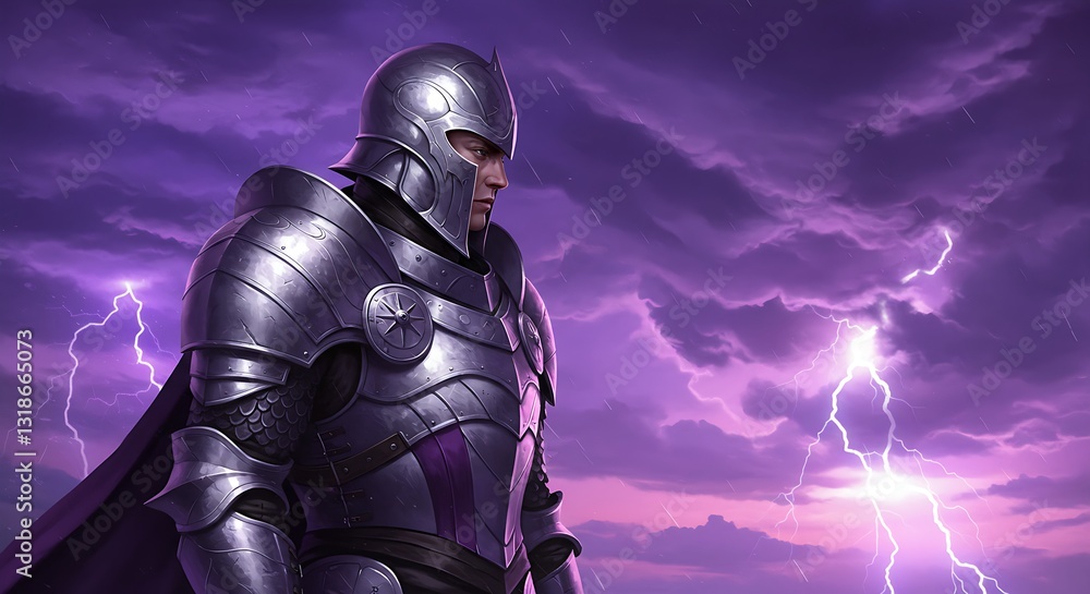 A fantasy warrior clad in silver and purple armor, standing against a stormy violet sky. A fantasy warrior clad in silver and purple armor, standing against a stormy violet sky.