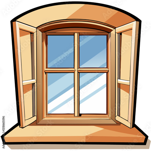 Cartoon wooden window with open shutters and blue sky