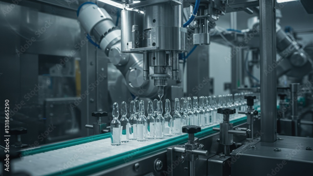 Robotic arm assembling glass ampoules in a pharmaceutical manufacturing facility, showcasing automation and efficiency Robotic arm assembling glass ampoules in a pharmaceutical manufacturing facility, showcasing automation and efficiency