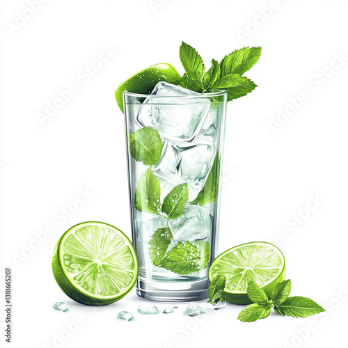 vibrant 3D mojito icon in tall glass with fresh mint, lime, and ice cubes, creating refreshing and lively appearance