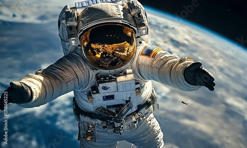Astronaut floating in deep space with Earth in the background, symbolizing space exploration, adventure, and scientific discovery.