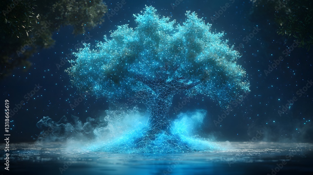 Ethereal Glowing Blue Tree Surrounded by Water and Magical Light Particles at Night Ethereal Glowing Blue Tree Surrounded by Water and Magical Light Particles at Night