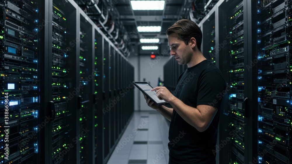 Fototapeta premium Caucasian male data center technician using tablet in server room with neon lights and modern technology Focus on innovation and IT
