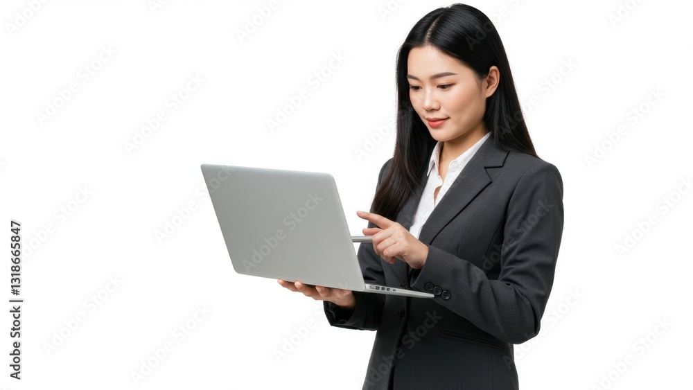 Asian businesswoman using a laptop in a professional setting Focus on technology, communication, and diversity in the workplace Asian businesswoman using a laptop in a professional setting Focus on technology, communication, and diversity in the workplace