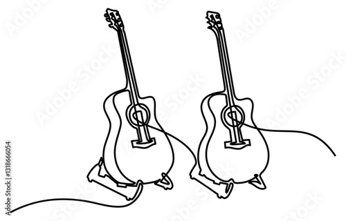 Continuous one line drawing of a guitar.  Isolated graphic design contour on a white background. Vector illustration.