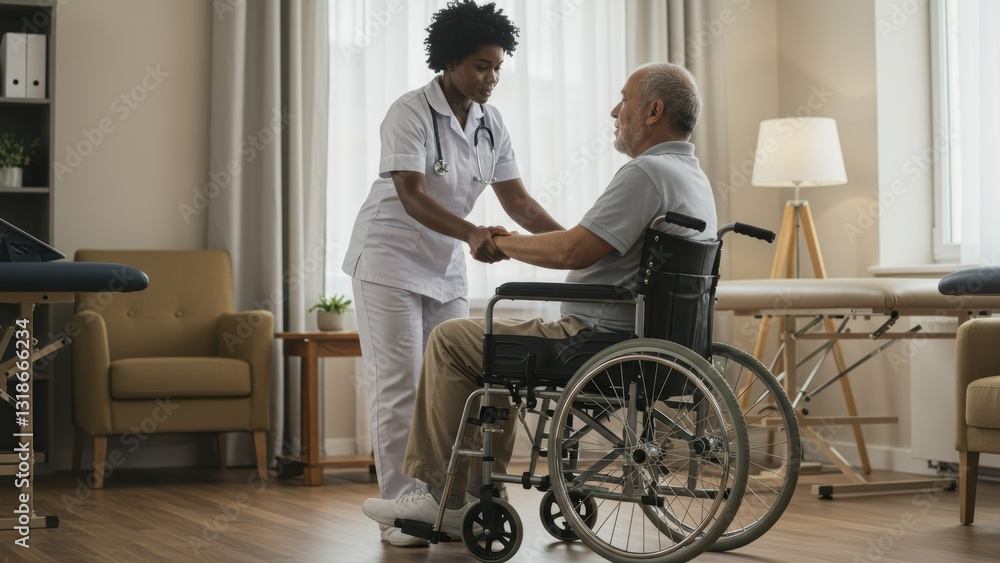 African American nurse assists elderly man in wheelchair at rehabilitation center, showcasing compassion and healthcare support African American nurse assists elderly man in wheelchair at rehabilitation center, showcasing compassion and healthcare support