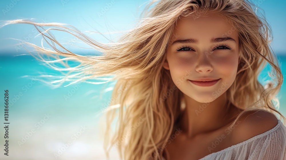Blonde woman with long hair is smiling at the camera on a beach. Concept of happiness and relaxation, as the woman is enjoying her time by the ocean. The bright blue sky Blonde woman with long hair is smiling at the camera on a beach. Concept of happiness and relaxation, as the woman is enjoying her time by the ocean. The bright blue sky