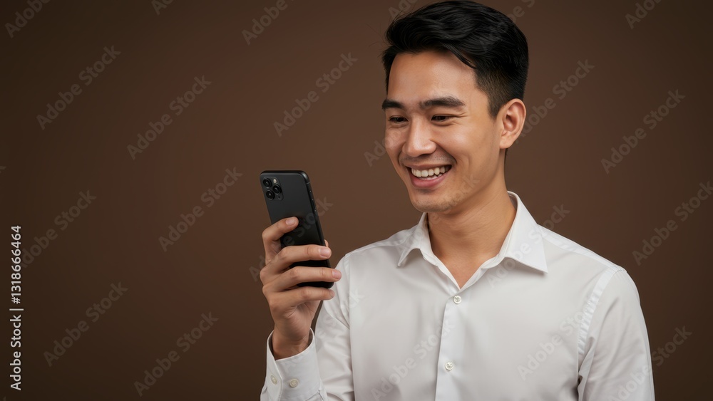 Asian man smiling while holding smartphone indoors against brown background Modern lifestyle, technology, social interaction Asian man smiling while holding smartphone indoors against brown background Modern lifestyle, technology, social interaction
