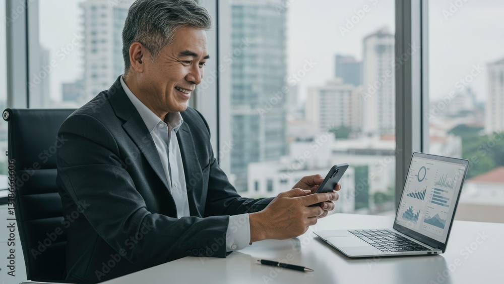 Asian businessman using smartphone and laptop in modern office Focus on financial data analysis and professional success Asian businessman using smartphone and laptop in modern office Focus on financial data analysis and professional success