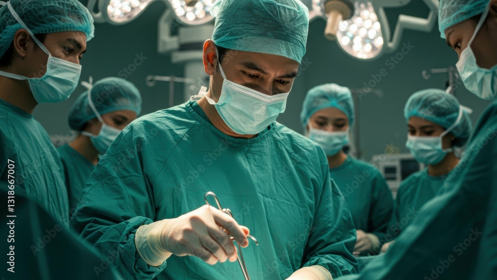 Asian male surgeon and diverse medical team perform surgery in hospital operating room Focus on healthcare and teamwork Asian male surgeon and diverse medical team perform surgery in hospital operating room Focus on healthcare and teamwork
