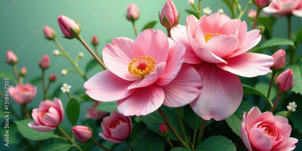 Obraz premium A Delicate Cluster of Pink Blossoms in Full Bloom, Displaying Exquisite Petals and Vibrant Hues, Nestled Among Lush Green Foliage